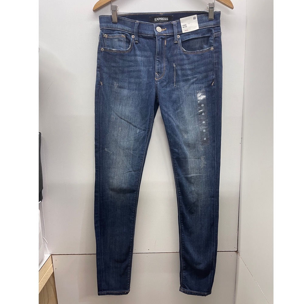 Express Mid Rise Legging Jeans Dark Wash Distressed Size 4R Stretch Denim NWT